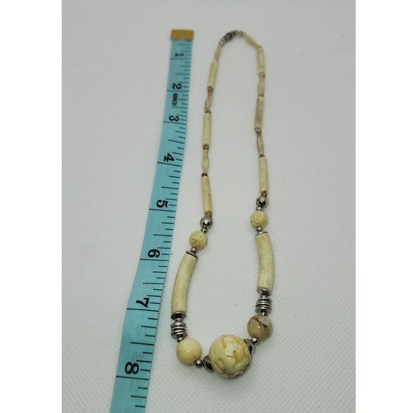 Carved Bone Bead & Silver Bead Necklace 8" - Picture 3 of 5